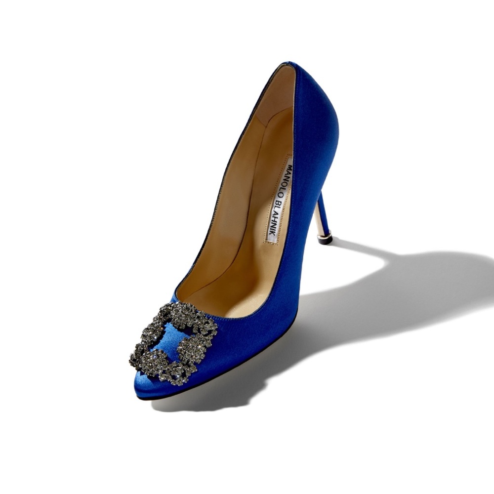 Manolo Blahnik HANGISI Blue Satin Jewel Buckle Pumps